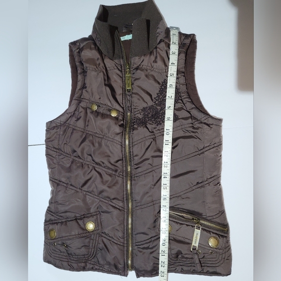 Maurices 2000s Y2K Brown Quilted Puffer Fall Vest Embroidered Paisley Detail - Picture 4 of 9
